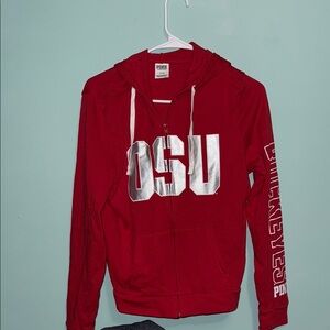 Red Hoodie with White Lettering on Sleeve